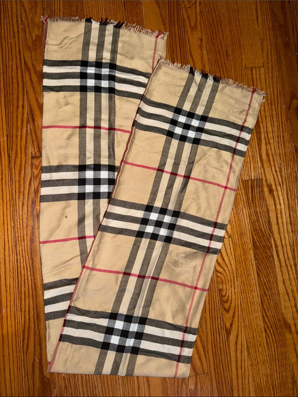 Buberry Beige Plaid Scarf with Black, White & Red Stripes